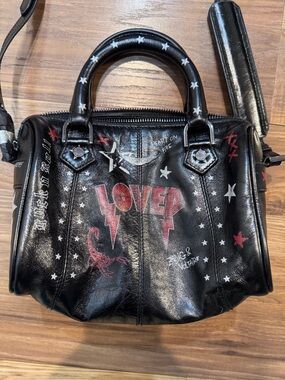 Zadig & Voltaire Black Leather 'Lover' Graphic Satchel with Red Accents